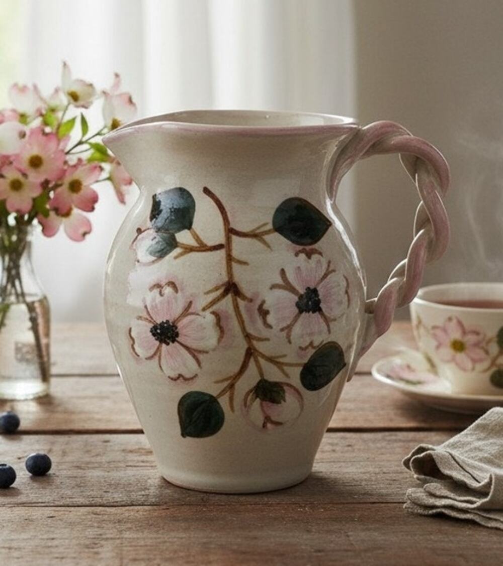 Nichols Pottery Seagrove NC Braided Handle Pink Floral Pitcher 6.5" USA